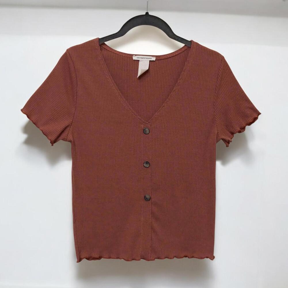 Caution to the Wind Ribbed Button-Up Top